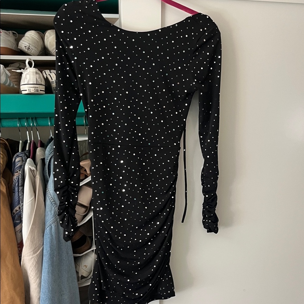 Lucy in the Sky Black Long-Sleeve Backless Polka Dot Ruched Midi Dress